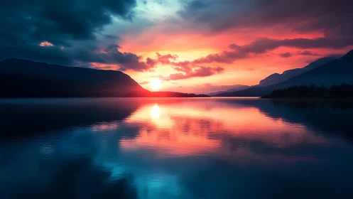 Vivid mountain lake sunset with mirrored sky reflection.