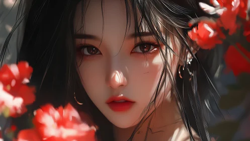 Digital portrait shows stylized female face framed by flowers