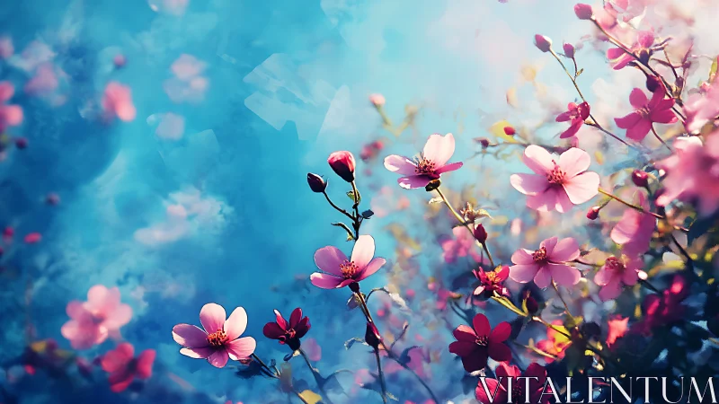 Pink flowers against blue gradient background with bokeh depth.