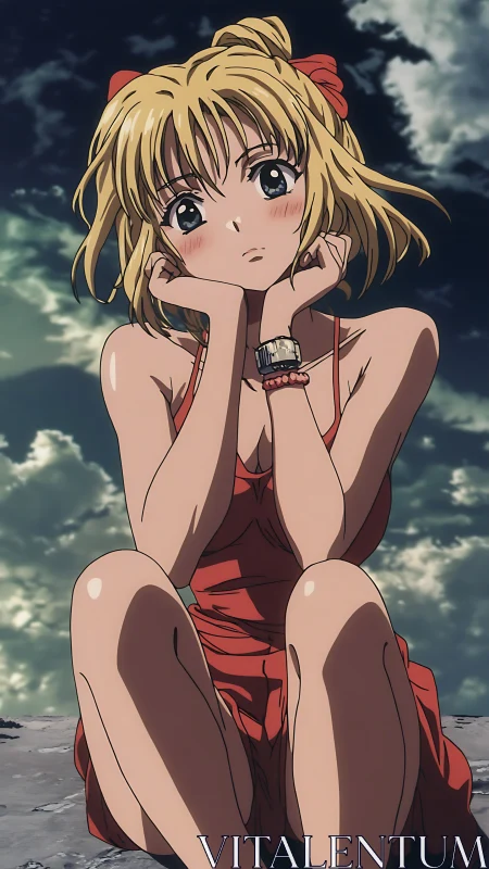 Pensive blonde anime girl in red dress under moody sky.