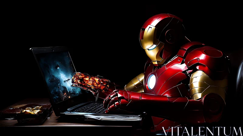 Armored humanoid at laptop with emerging digital structure.