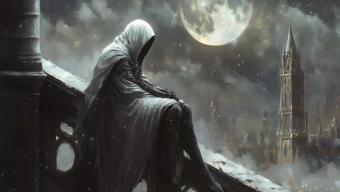 Hooded figure sits on ledge overlooking moonlit gothic city
