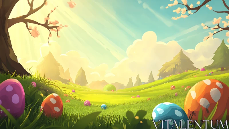 Sunlit spring meadow sparkles with colorful Easter eggs