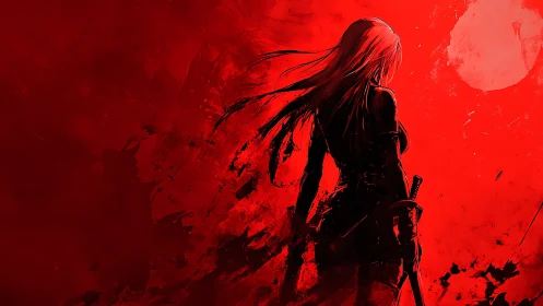 Scarlet moon watches a lone swordswoman carve the night