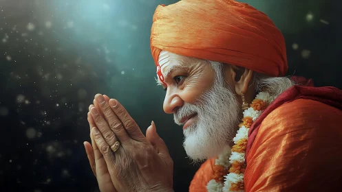 Elderly man in orange robe holds folded hands in profile