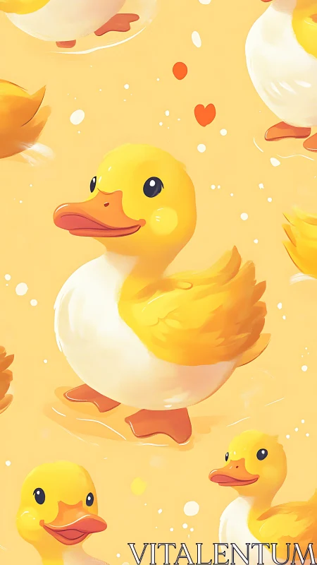 Yellow duck illustration pattern on pastel orange background.