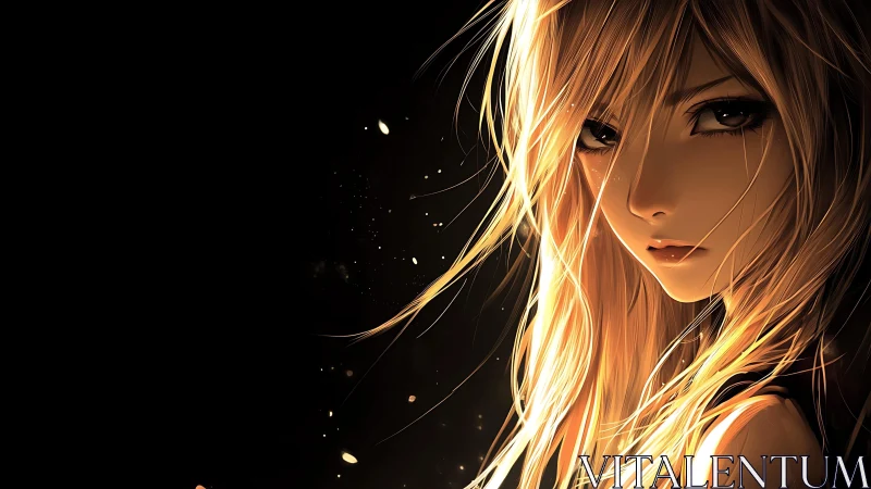 Luminous blonde anime girl emerging from shadowed void.