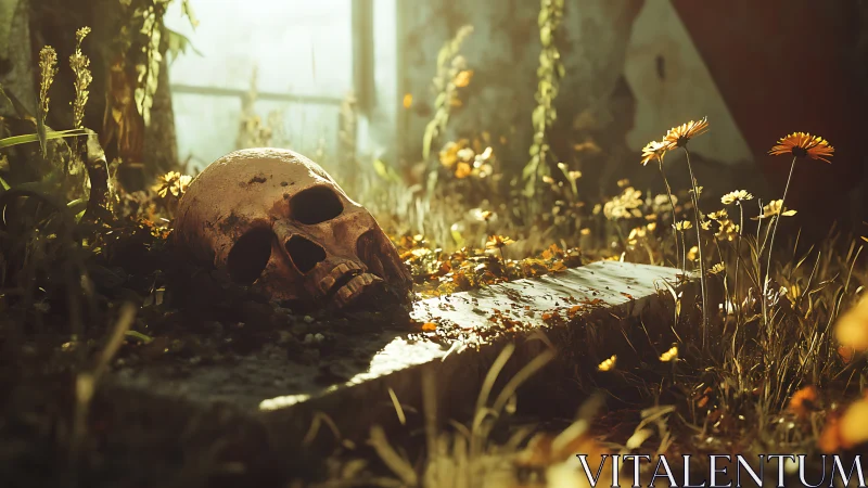 Human skull rests on mossy stone amid overgrown wildflowers