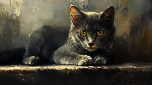 Black Cat with Golden Eyes in Weathered Interior.