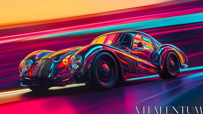 Neon-gradient retro sports coupe in kinetic digital painting.