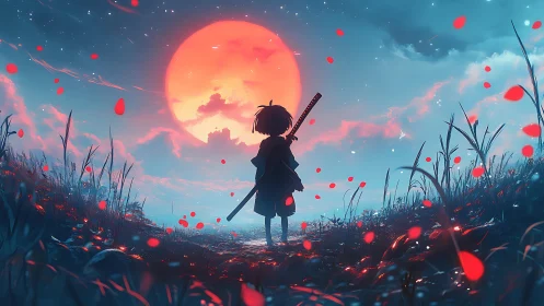 Lone young swordsman faces a burning moonlit horizon.