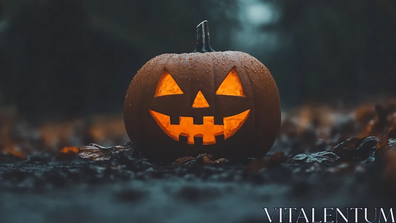 Rain-kissed jack-o-lantern grinning through autumn dusk.