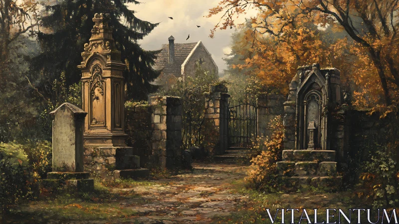 Autumn graveyard gate whispering toward a lonely manor.