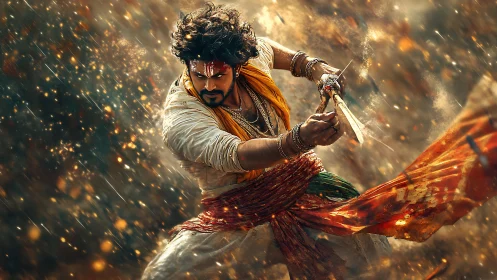 Warrior in mid-action pose with sword amid flying embers.