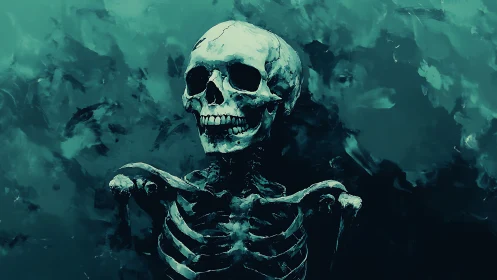 Laughing teal skeleton adrift in swirling midnight depths.