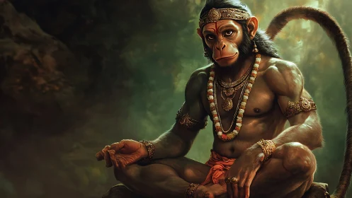 Regal monkey deity in meditative seated forest pose.