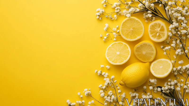 Fresh lemon halves rest amid white flowers on sunny yellow