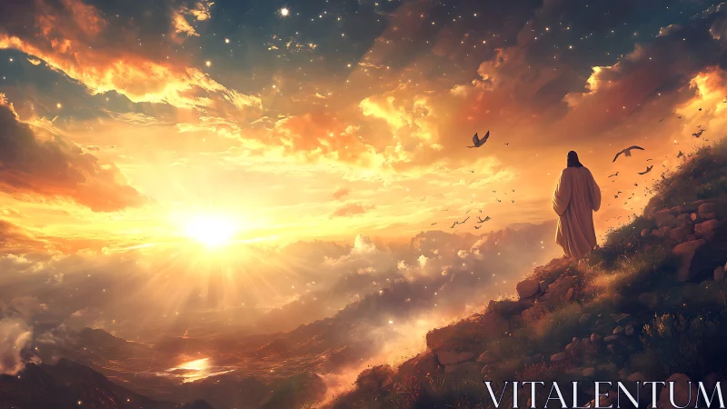 Robe-clad figure observing sunrise above cloud valley.