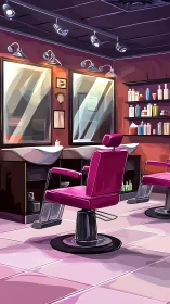 Modern salon interior with pink styling chairs and mirrors.