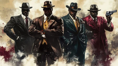 Four suited gangsters in fedoras with gritty painted style.