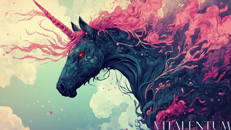 Stormborn void unicorn with ember eyes and pink nebula mane.