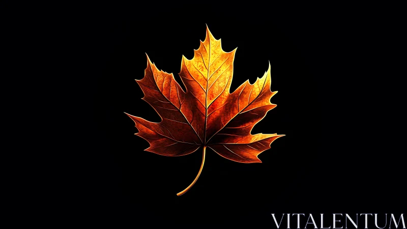 Glowing autumn maple leaf floats against deep black field