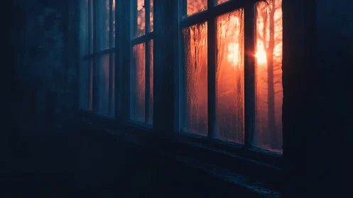 Frosted window panes catch deep blue and ember sunrise glow.