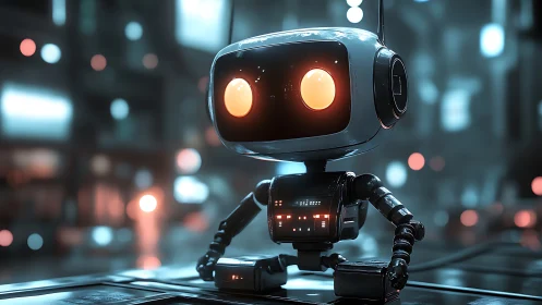 Small patrol robot scans neon city in soft blue haze.