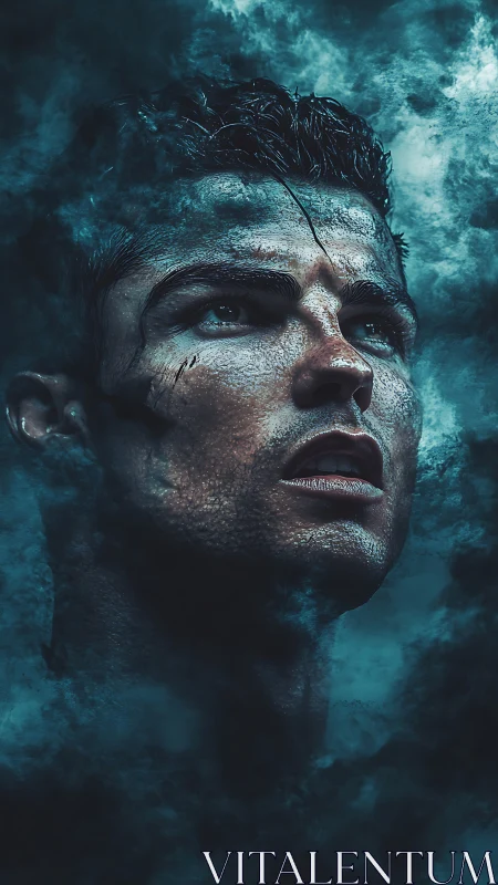 Storm-carved hero emerges from swirling teal thunderclouds