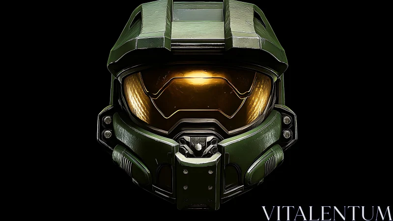 Bold sci fi combat helmet glows softly against deep black