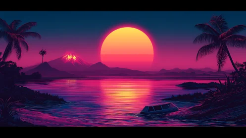 Neon sunset floods a tropical bay with luminous magenta light