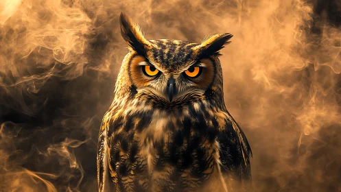 Majestic Owl Portrait in Dramatic Smoky Ambience, Digital Art.