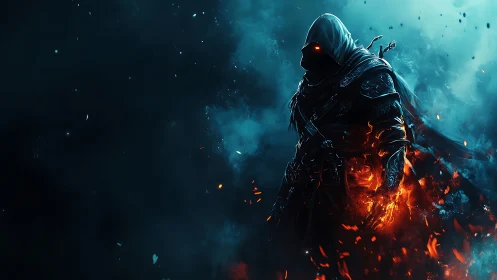 Hooded pyromancer in teal mist with erupting embers and fire