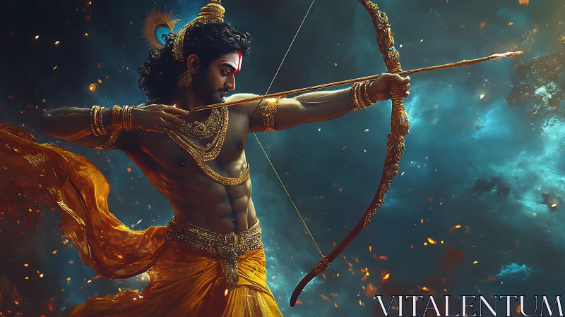 Mythic archer warrior drawing bow in glowing night sky.