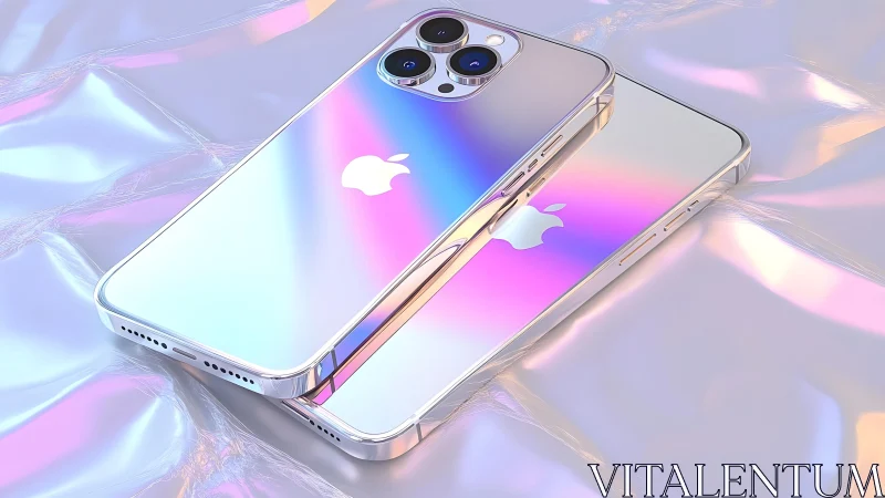 Futuristic Apple iPhones with Iridescent Finish on Glossy Surface.