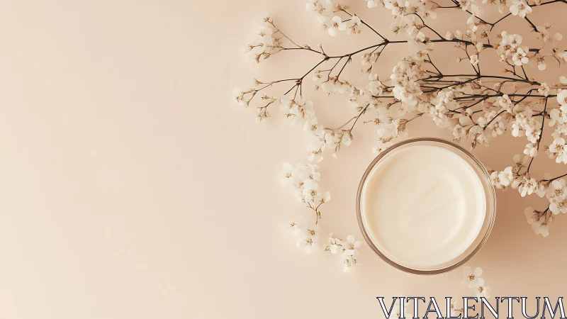 Creamy skincare oasis surrounded by soft white blossoms.