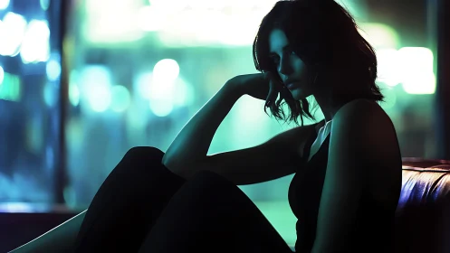 Woman in moody teal light seated by window at night.