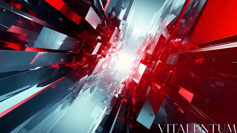 Futuristic abstract cityscape with red and silver glass shards.