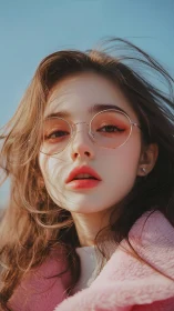 Soft light portrait with round glasses and pink coat.