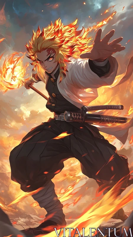 Blazing swordsman hurls sunlit fire through a stormy sky