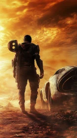 Lone wasteland wanderer surveys burning horizon in cinematic frame