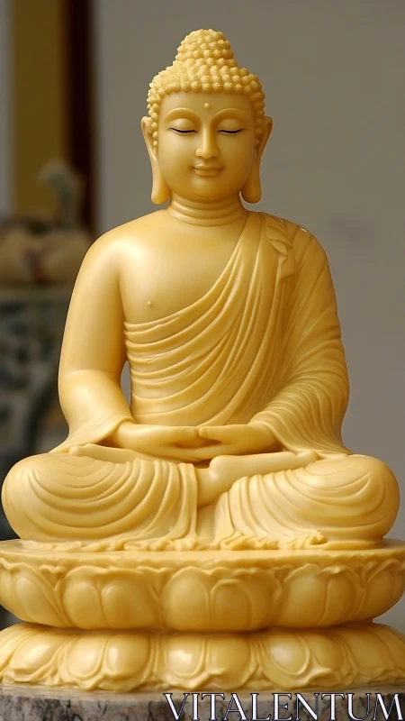 Yellow seated Buddha statue on lotus pedestal indoors.