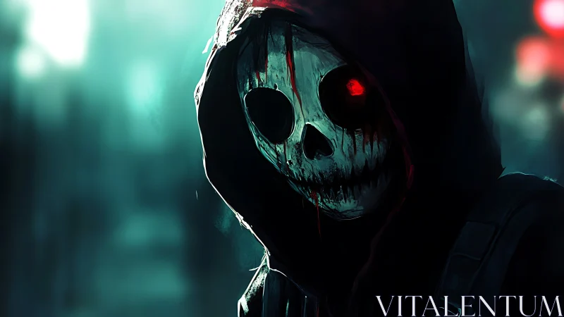 Hooded skeletal figure with glowing red cybernetic eye in mist