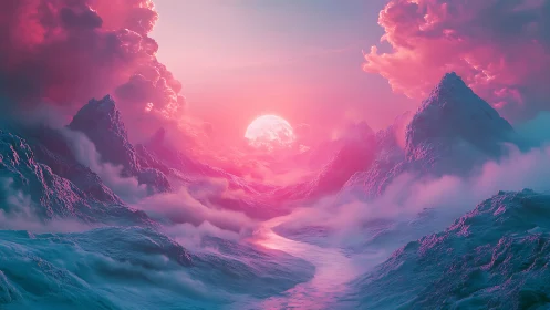 Surreal pink mountains with mist and distant glowing sun.