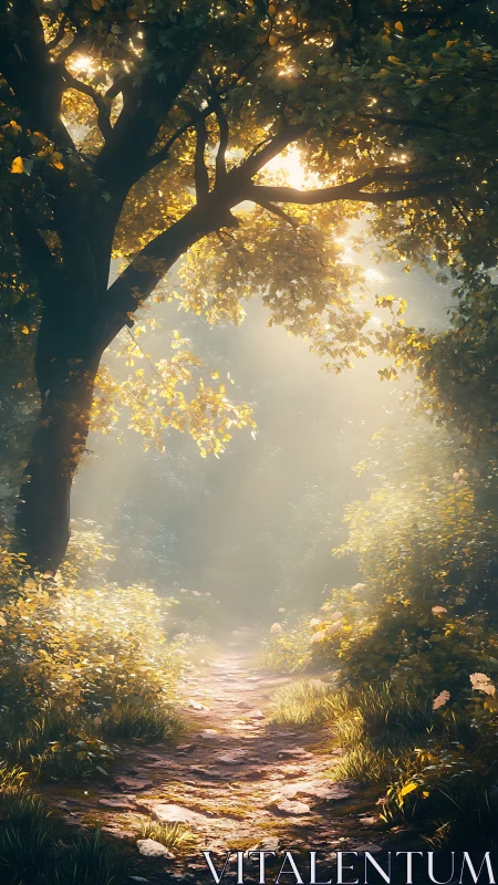 Forest path with backlit trees and atmospheric sunlight filtering through canopy.