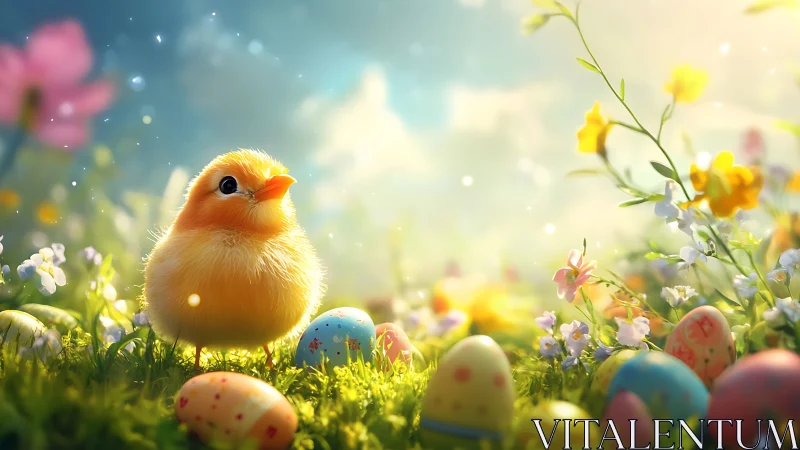 Sunlit chick daydreams amid painted eggs and wildflowers