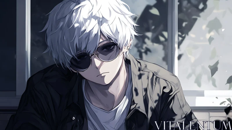White-haired anime teen in sunglasses sits in moody light.