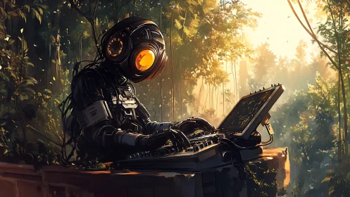 Curious forest robot quietly working at a glowing laptop.