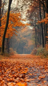 Golden Pathway Through Autumn Woods.