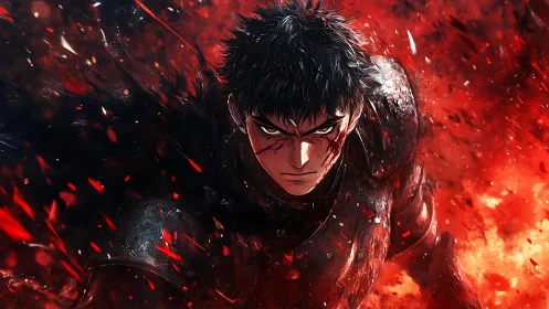 Brooding warrior strides through a storm of fire and embers.